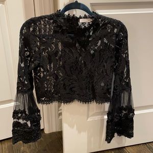 Black Lace Top with Flared Tulle Lace Sleeves